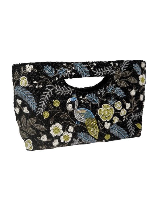 Tiana NY Handbags - TIANA NEW YORK Beaded Clutch Bag Black with Colorful Bird and Floral Design